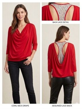 Sugarlips Red Cowl Neck Top Sequin Lace Open Back Y2K Party Blouse S